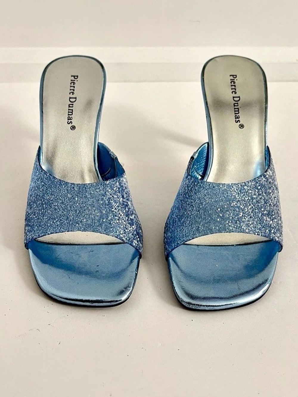 Pierre Dumas Blue Glitter Square Toe Clear Lucite Heel Mules - Size 6